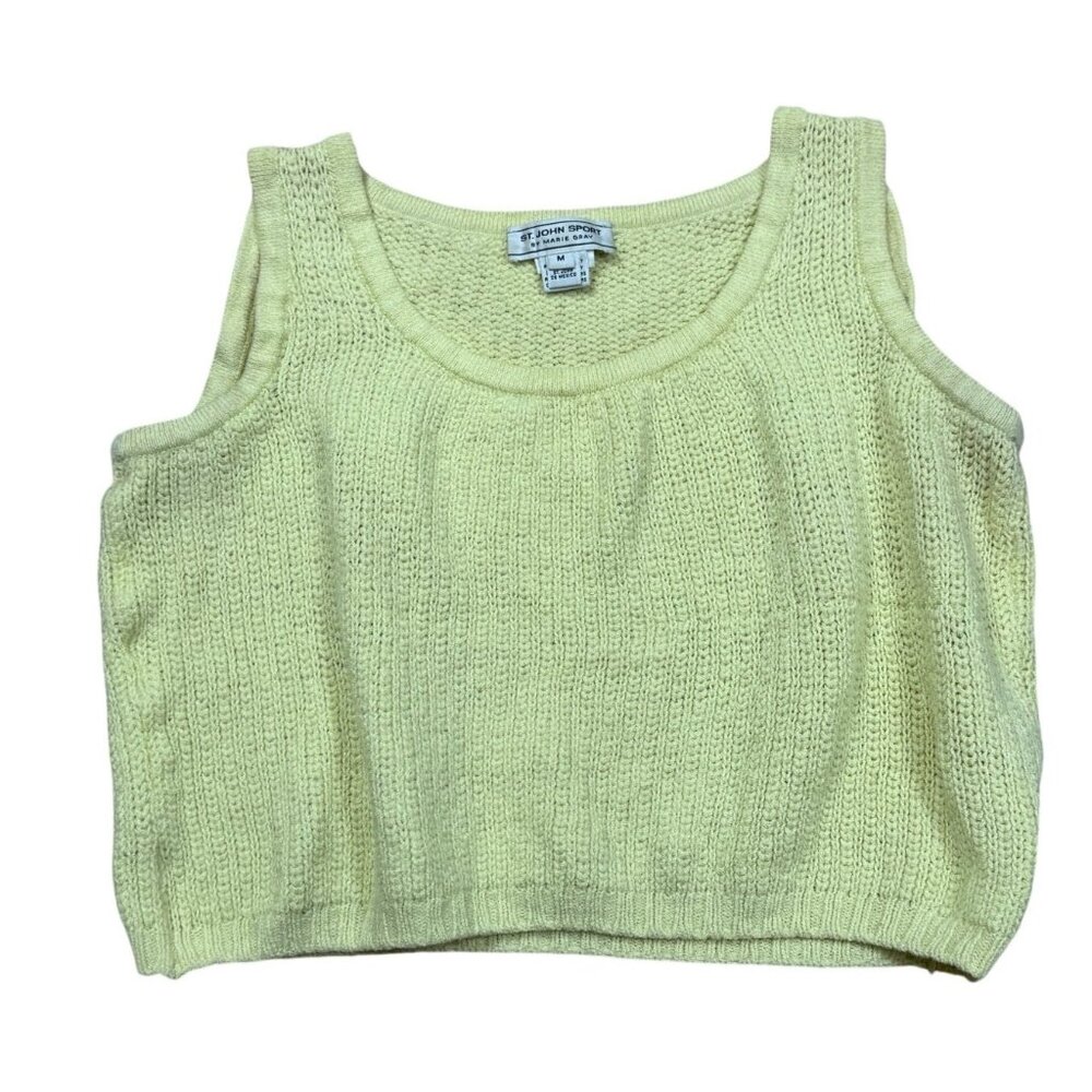 St John Sport Marie Gray  Yellow Sleeveless Cropped Crochet Sweater M
